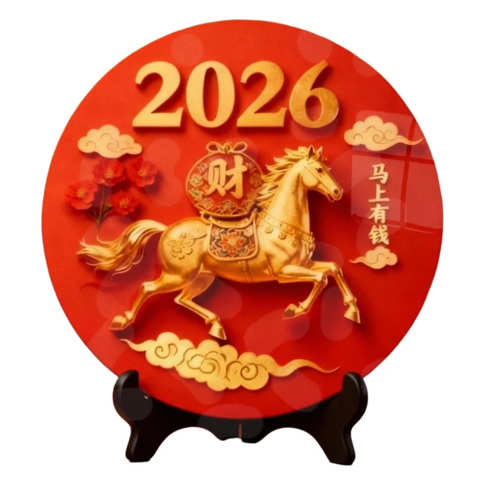 Horse Year Decorative Paintings Ornament Round Good Luck Desktop Ornament Wooden Funny Home Decor Ornament TV Cabinets