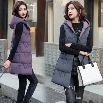 Double Side Vest Korean Slim Hooded Down Cotton Vest Women Waistcoat Sleeveless Jacket 2025 Autumn Winter Jacket Female Coat