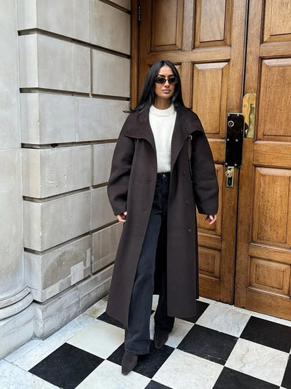 Retro Solid Stand Collar Long Tweed Coat Women 2025 Fashion Large Lapel Single Breasted Coats With Belt Lady Chic Street Outwear