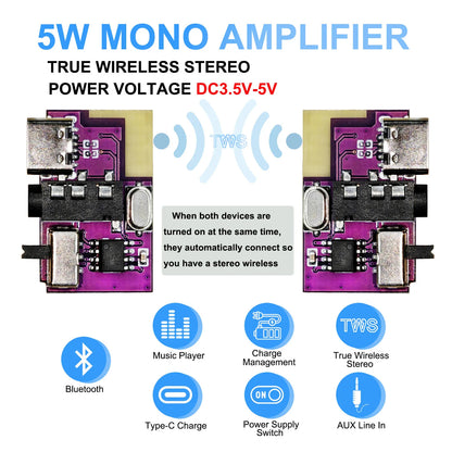 DC 3.5V-5V 5W Bluetooth 5.4 Mono Amplifier Decoder Board MP3 Player TWS 3.5mm AUX Module Receiver DIY Handmade Speaker