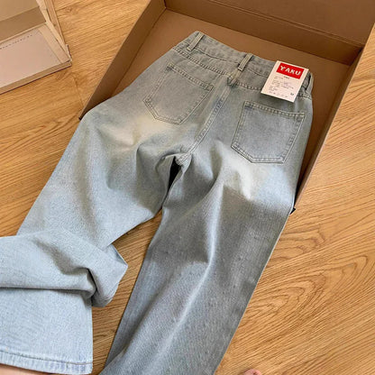 Elegant Light Blue Beaded Straight Denim Pants for Women High Waist Slim Fit Wide Leg Long Trousers