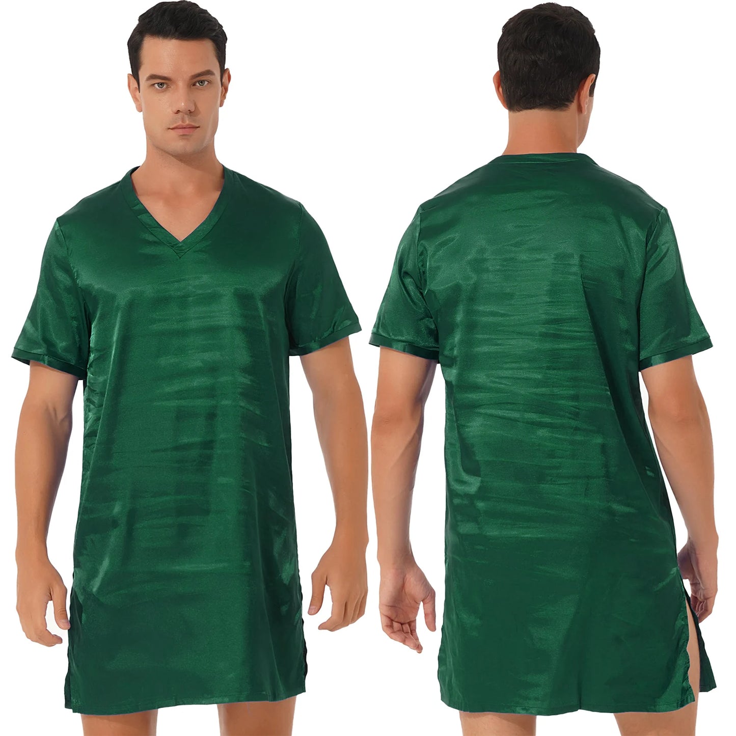 Mens Satin Sleepwear Tops Night Shirt Nightgown Pajamas Dress Short Sleeve Underwear Homewear Sides Split Sleep Tops Nightwear