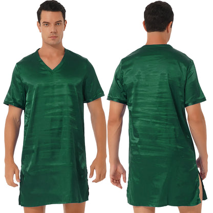 Mens Satin Sleepwear Tops Night Shirt Nightgown Pajamas Dress Short Sleeve Underwear Homewear Sides Split Sleep Tops Nightwear