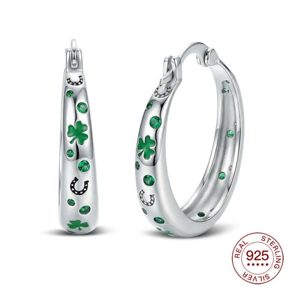 925 Sterling Silver Lucky Clover Hoop Earrings Green CZ Pave & Horseshoe Design St. Patrick's Day Earring For Women Jewelry Gift