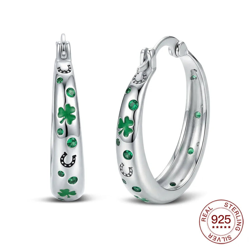 925 Sterling Silver Lucky Clover Hoop Earrings Green CZ Pave & Horseshoe Design St. Patrick's Day Earring For Women Jewelry Gift