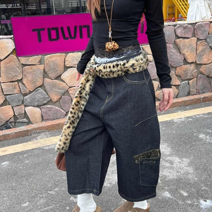 New Y2k European and American Hip-hop Leopard Print Patchwork Jeans for Women Large Pocket Straight Wide Leg Loose Cropped Pants
