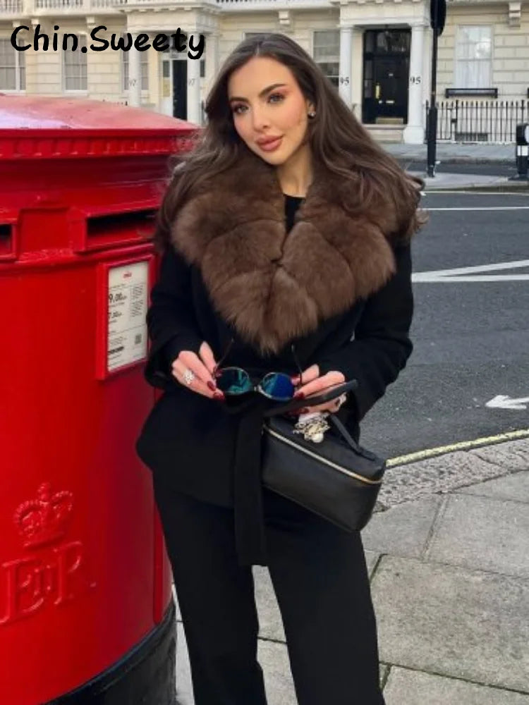 Street Women's Double Breasted Cropped Trench Coat With Faux Fur Collar Loose Full Sleeve Pocket Jacket 2025 Autumn Lady Outwear