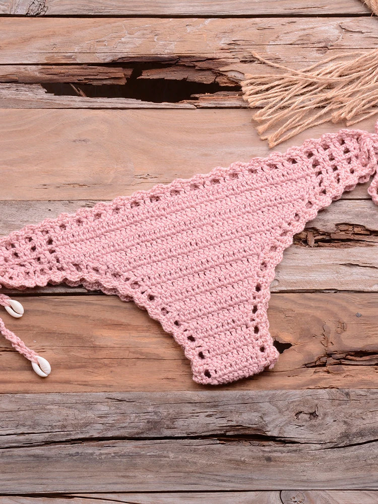 Sexy Crochet Bikinis Sets Handmade Knitted Cotton Swimwear Swimsuit Top + Bottom Bandage Women Sexy Beachwear Biquinis