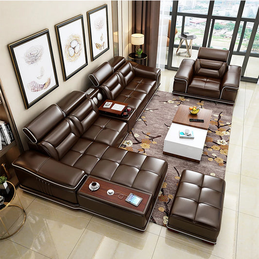 Modern L-Shaped Genuine Leather Sectional Sofa with Chaise Lounge, Adjustable Headrests, USB, Bluetooth Speaker & Cup Holder