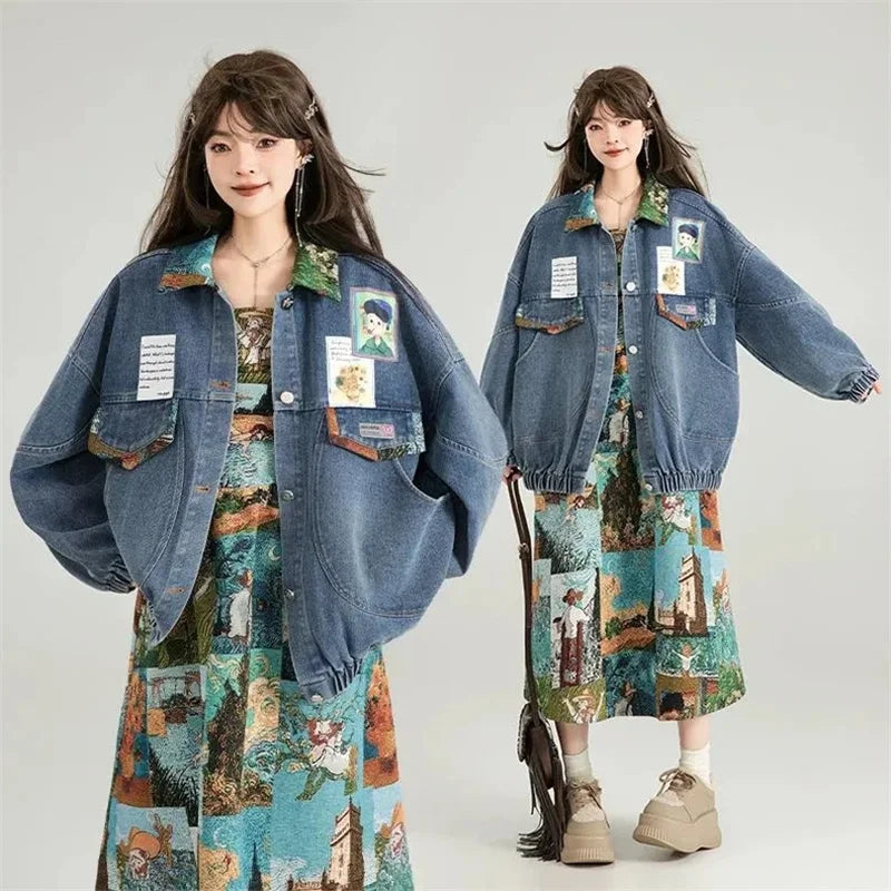 French Female Jacquard Bow Jeans Jacket Ladies Fashion Leisure Cowboy Outwear Spring Autumn Women Long Sleeves Denim Tops Coat