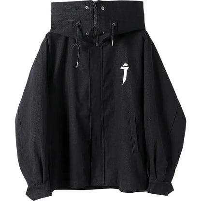 Hikigawa Chic Fashion Women Punk Style Turtleneck Hooded Jackets Vintage Loose High Street Zipper Cardigan Coats Tops Mujer