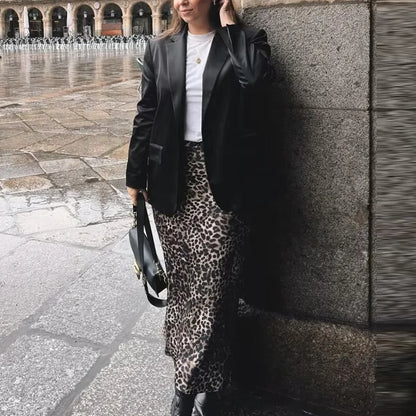 HXAO Woman Bow Leopard Print Skirts Women's Skirt Summer Satin Long Skirt High Waist Vintage Smooth Skirts Luxury Elegant Skirts