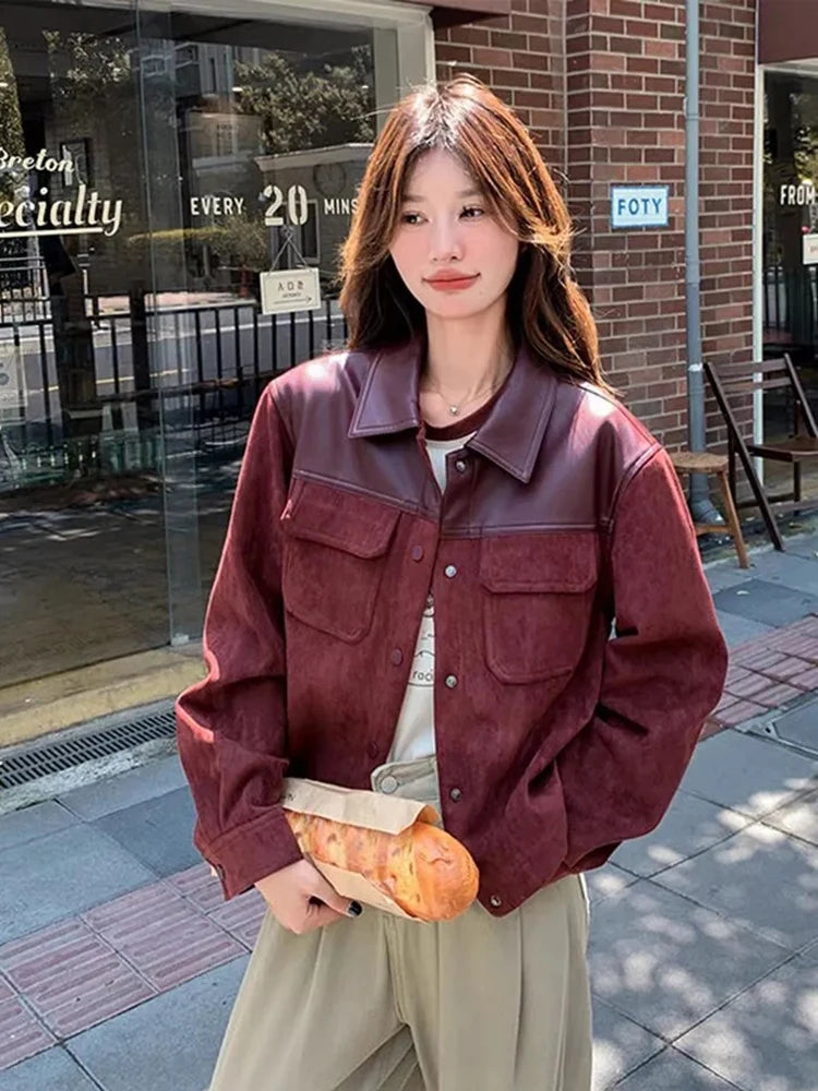 Jmprs Retro Streetwear Jackets Women Pu Patchwork American Coat Fall Winter Long Sleeve Harajuku Vintage Bf Burgundy Casual Tops