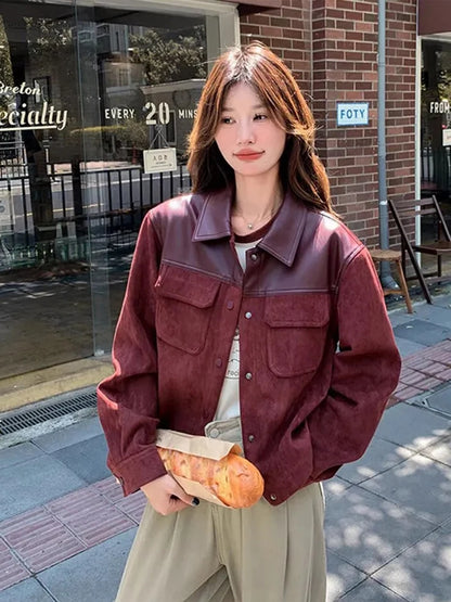 Jmprs Retro Streetwear Jackets Women Pu Patchwork American Coat Fall Winter Long Sleeve Harajuku Vintage Bf Burgundy Casual Tops