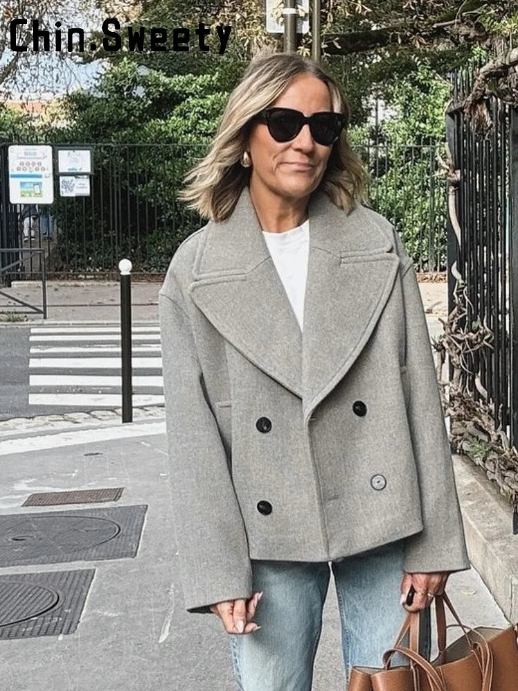 Casual Short Woolen Blends Coats Women Loose Lapel Bouble Breasted Pocket Full Sleeve Jacket 2025 Autumn Winter Lady Solid Coat
