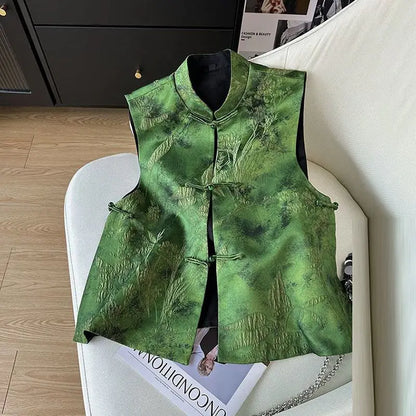2025 Retro Chinese Literature Green Jacquard Vest Classical Chic Versatile Waistcoat Female Sleeveless Singlet Tops