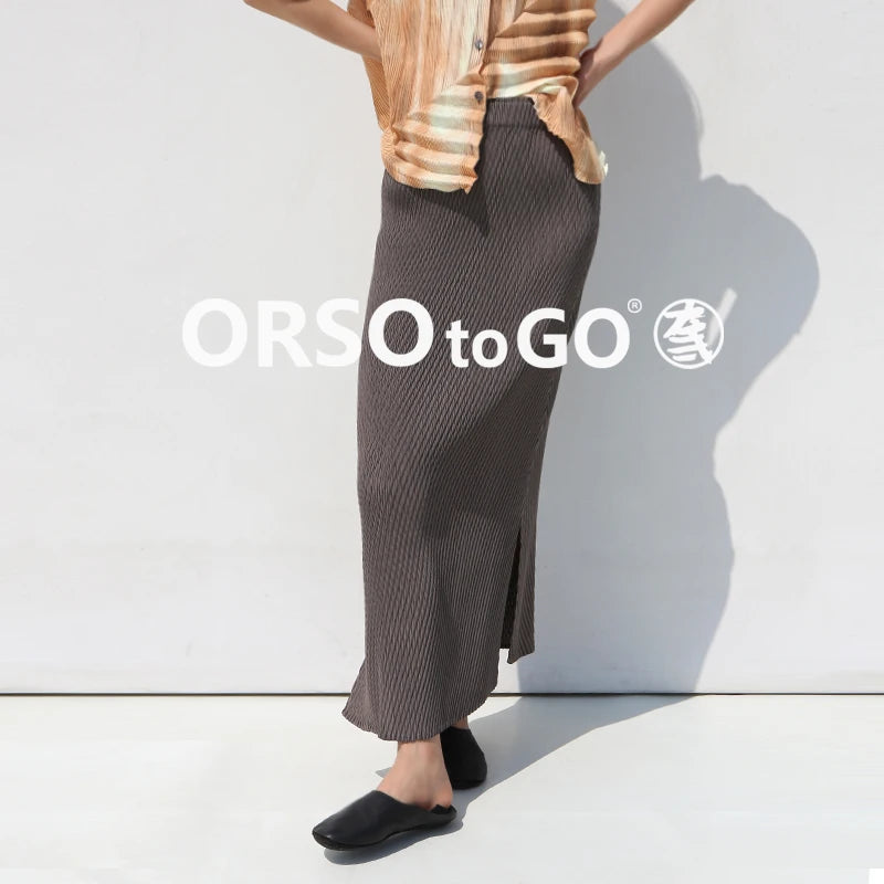 Miyake Pleated Fish Scale Folded Skirt Women Spring Summer Korean Fashion Causal Elegant High Waist Side Split Straight Skirt