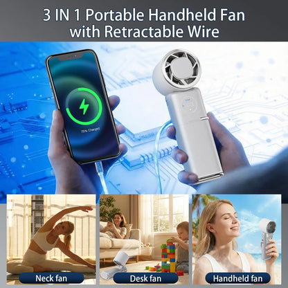 Portable Handheld Fan, 9000mAh Rechargeable Travel Fan as Power Bank, 100 Speed Personal Hand Face Fan with Retractable Wire