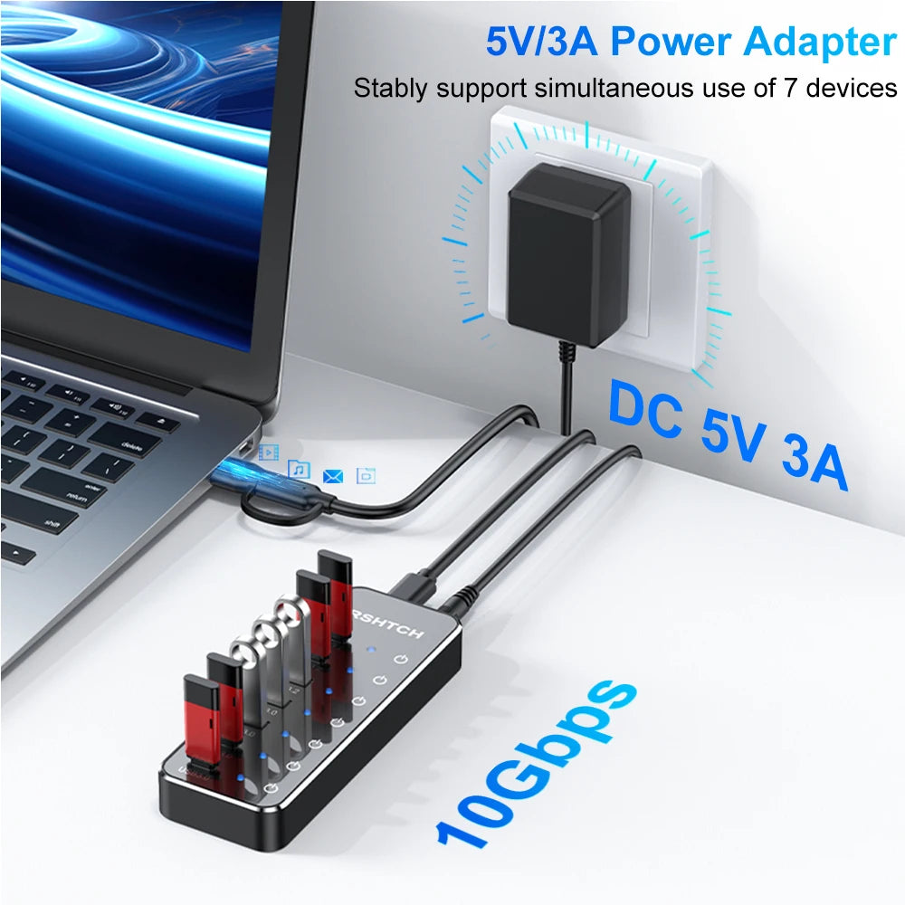 RSHTECH Powered 7 Port 10Gbps Data USB Hubs Individual On/Off  Touch Switches Splitter for Surface Windows PC Laptop Desktop