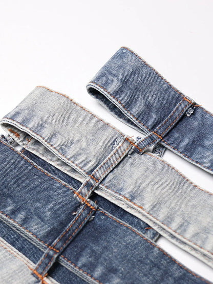 VGH Colorblock Streetwear Denim Skirts For Women High Waist Spliced Button Hollow Out Casual Irregular Skirt Female Fashion New