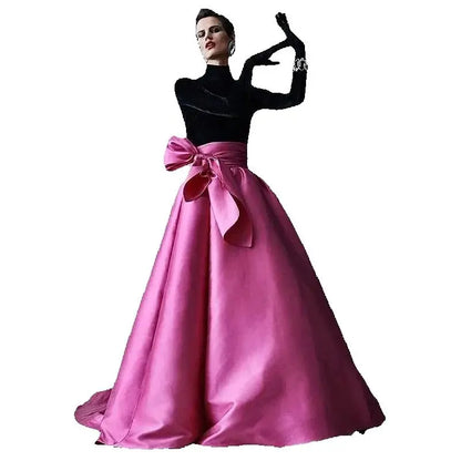 High Quality Puffy Satin Maxi Skirt with Bow Women Floor Length Long Formal Skirt Fuchsia Silk Taffeta Evening Party Skirts
