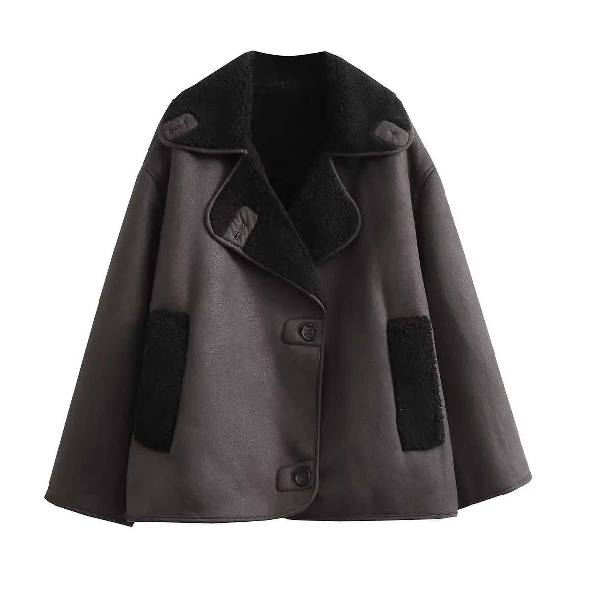 HH Winter Vintage Leather Fur Thick Warm Jackets For Women Long Sleeves Single Breasted Lapel Pockets Street Fashion Coats