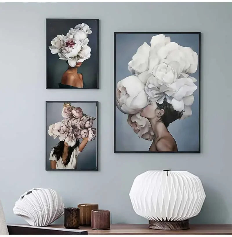 Decorative Painting Living Room Home Decoration Flowers Feathers Woman Abstract Canvas Painting Wall Art Print Poster Picture