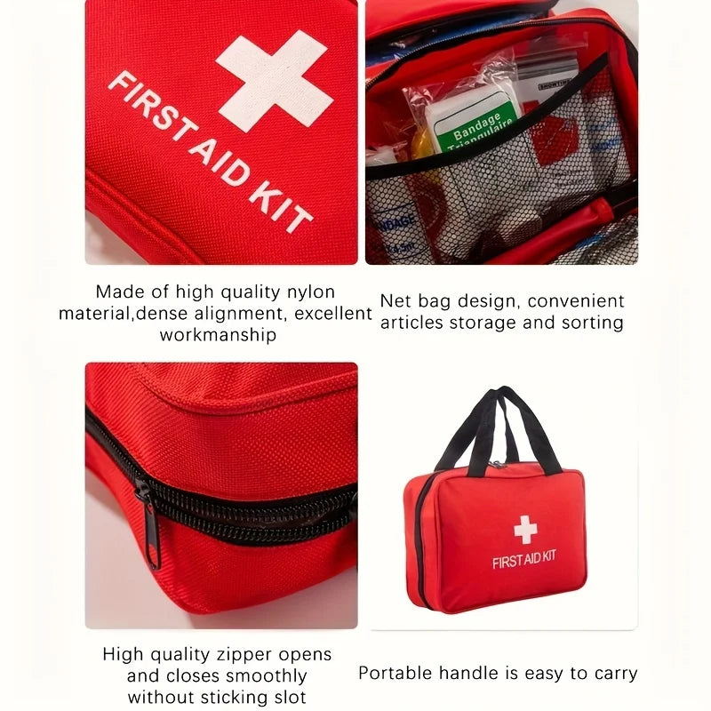 Durable first-aid kit containing essential care items for grazes, abrasions and sprains. A dependable emergency essential.