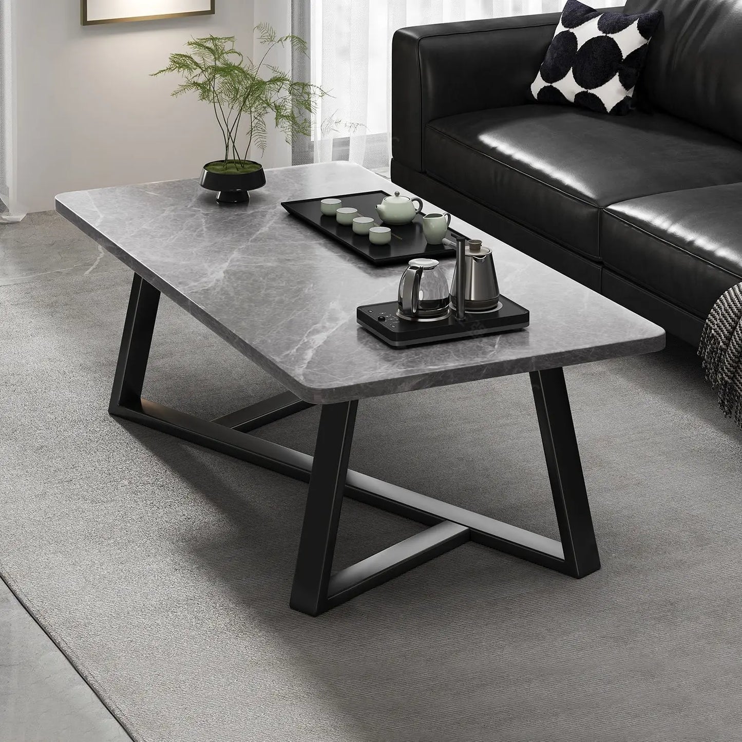 Modern Coffee Table with Marble Texture Top - Sturdy Metal Frame Easy Assembly Living Room Center Table Furniture