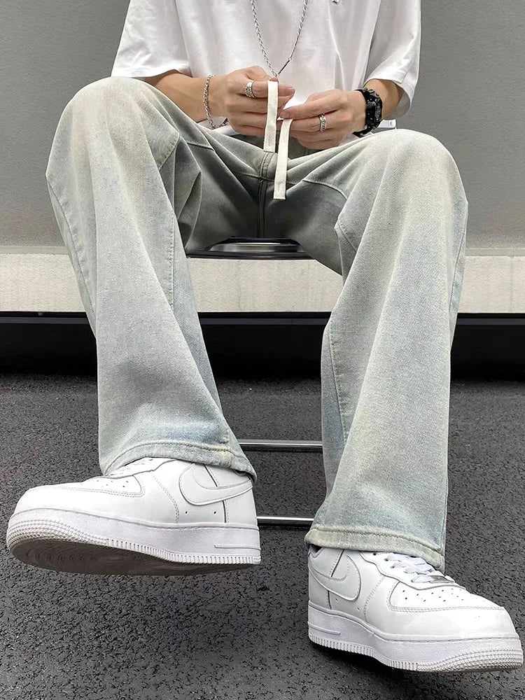 High Waist Straight Leg Dstring Elastic Waist Denim Jeans Women's Spring Autumn Slimming Drapey Lazy Sle Floor Length Pants