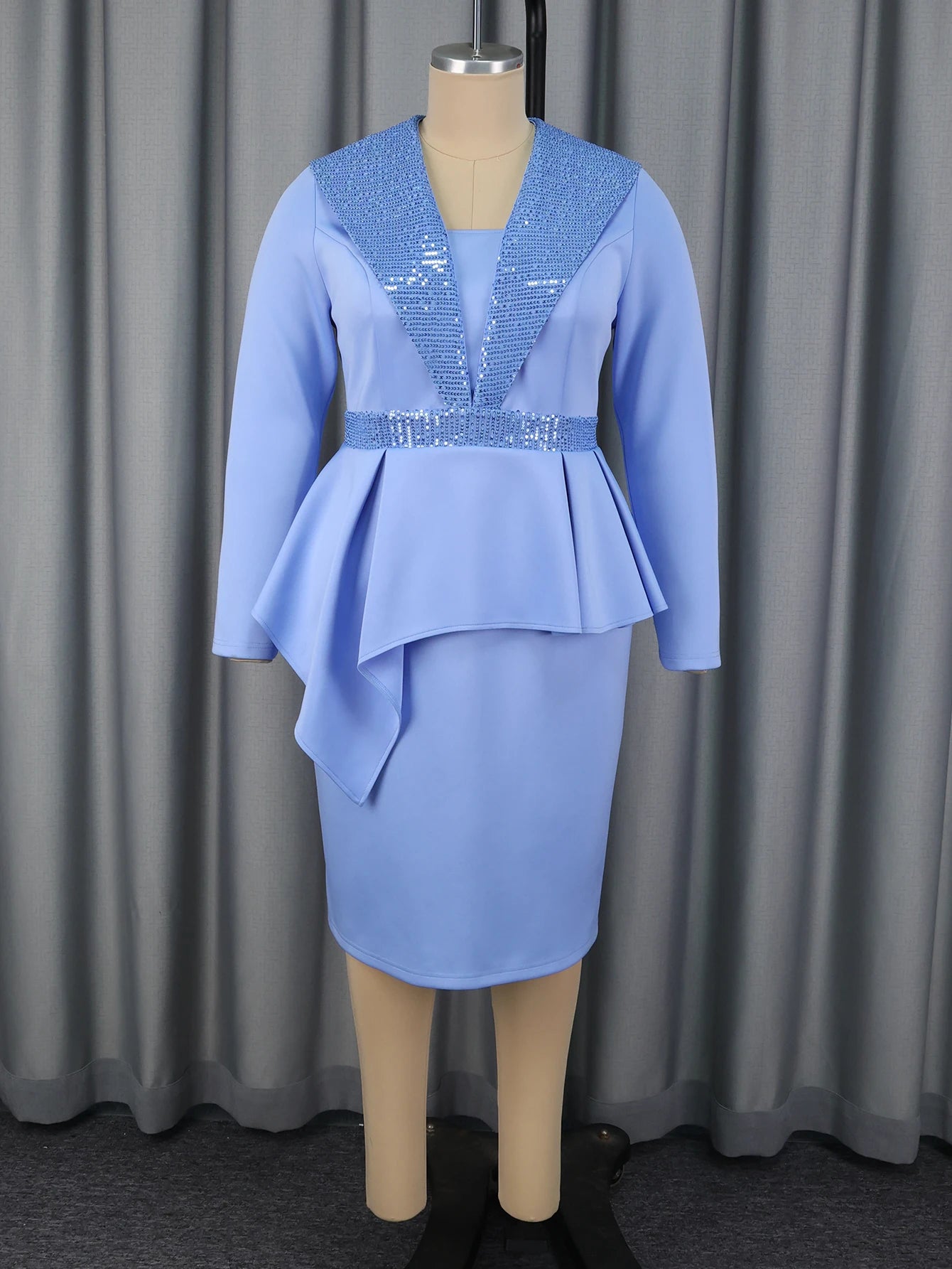Elegant Women Bodycon Dresses Turn Down Collar Patchwork Sequin Long Sleeve High Waist Peplum Office Ladies Church Party Gowns