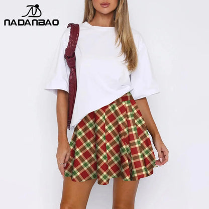 Nadanbao Summer Women High Waist Plaid Pleated Skirts Skirt Y2K Streetwear School Uniform A-Line Gym Student Short Skirt Girl