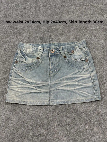 Sexy American Vintage Low Waist Denim  Skirt for Students Z4 Antiquing Y2K Trendy ort Skirt with Handmade Ripped And Fo...
