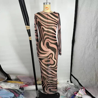Fashion Mesh Print Long Dress For Women O-neck Sleeveless Hip Package Transparent Slim Robes 2025 Summer Female Beach Dresses