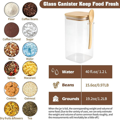 Glass Square Storage Jar with Bamboo Lids Spoon Glass Coffee Canister Food Container for Beans Pasta Candy Spice Rice Loose Tea