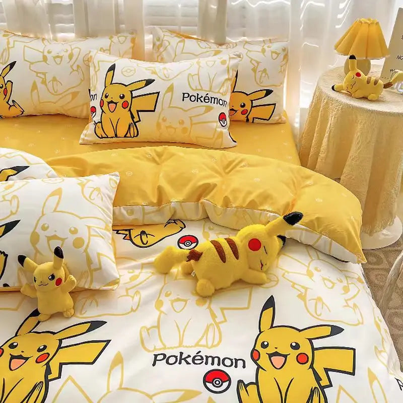 Pokemon Bedding Set Anime Pikachu 3D Duvet Cover Cute Polyester Bed Sheet Set Quilt Bedspread Set Children Comforter Bedding