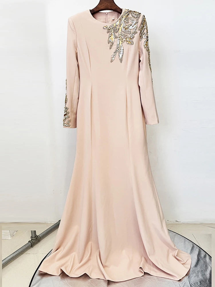 DEAT Elegant Dress O-neck Embroidered Flares Patchwork Long Sleeve Women's Evening Party Dresses 2026 Spring New Fashion 35Z3686