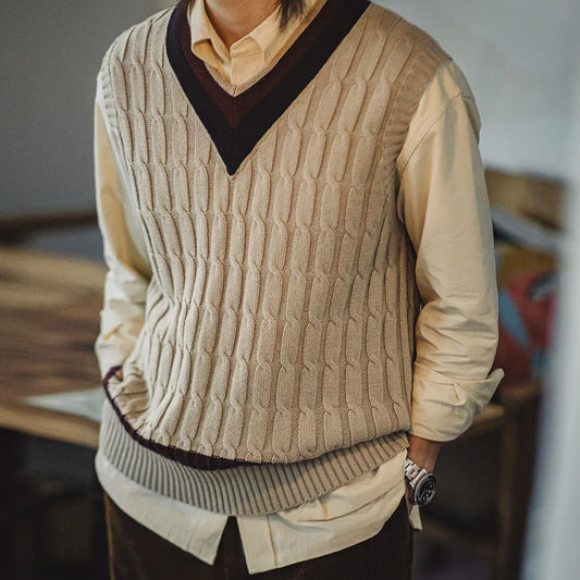Maden Retro Ivy Knit V-Neck Sweaters Vest Color-Block Sleeveless Classic Versatile Men's Khaki Tops with Preppy Style for Autumn