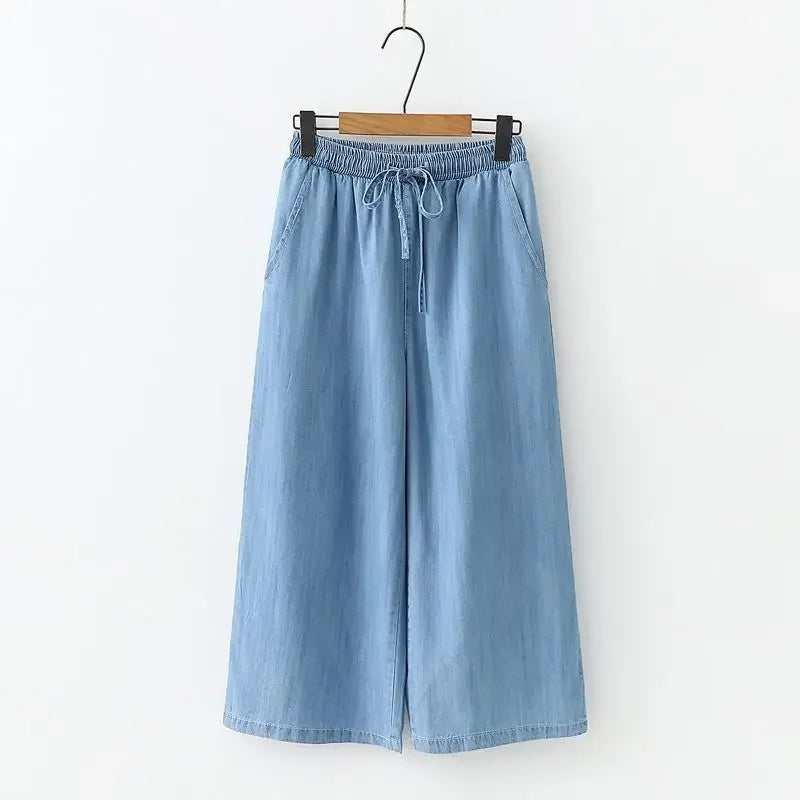 Women's Pants Summer Drawstring Wide-leg Pants Cotton Blue Calf-Length Jeans Pants Mom Elastic Waist Straight Pants Women