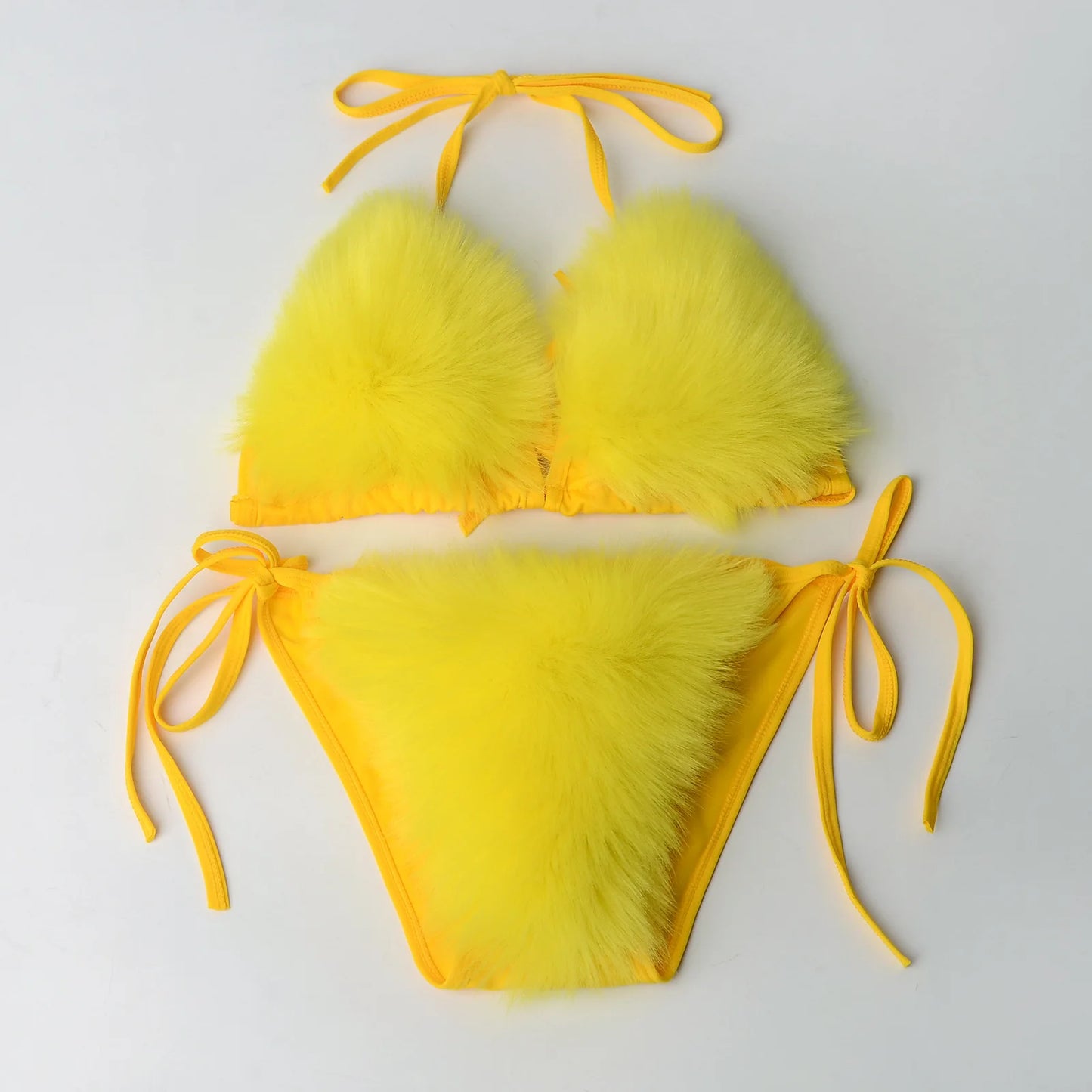 Women Fake Fox Fur Two Piece Swimsuits New Solid Bra Underwear Split Triangle Sexy Bikini Set Faux Fur Swimsuit Plush Swimwear