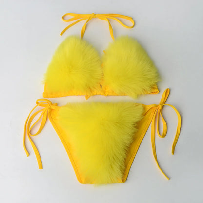 Women Fake Fox Fur Two Piece Swimsuits New Solid Bra Underwear Split Triangle Sexy Bikini Set Faux Fur Swimsuit Plush Swimwear