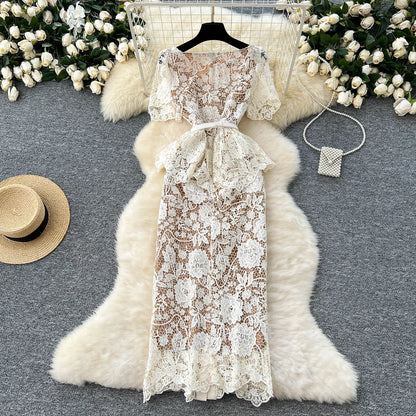 Women V-neck Vintage Short Sleeve Elegant Hook Flower Hollow Lace Chic Rhinestone Slim Dress French Evening High Street Clothing