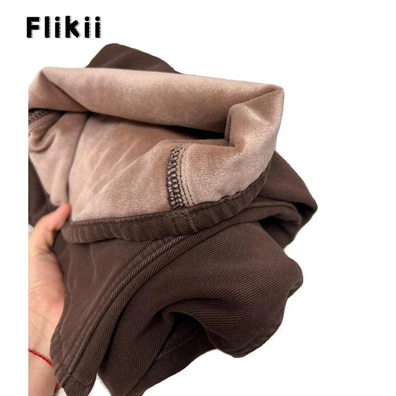Women Casual Retro Wide Leg Fleece Thicken Denim Trouser Harajuku Loose Jeans 2025 Winter Solid High Waist Y2K 2000s Brown Pants