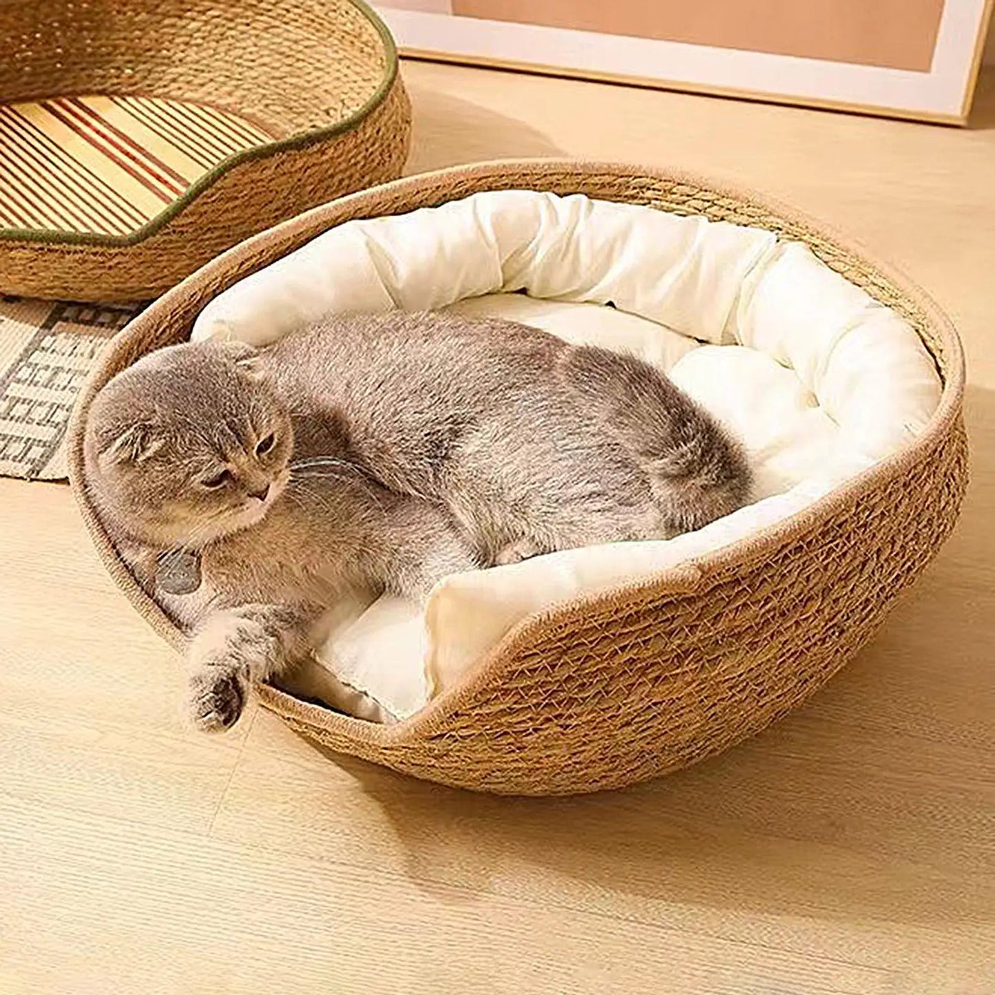 Cat Bed Cat Woven Nest Bed with Soft Cushion and Pillow All Season Weaving Pet Sleeping Resting Scratching Furniture for Puppy