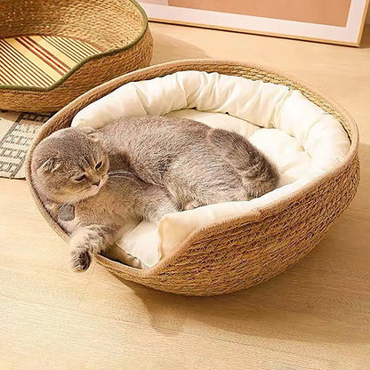Cat Bed Cat Woven Nest Bed with Soft Cushion and Pillow All Season Weaving Pet Sleeping Resting Scratching Furniture for Puppy