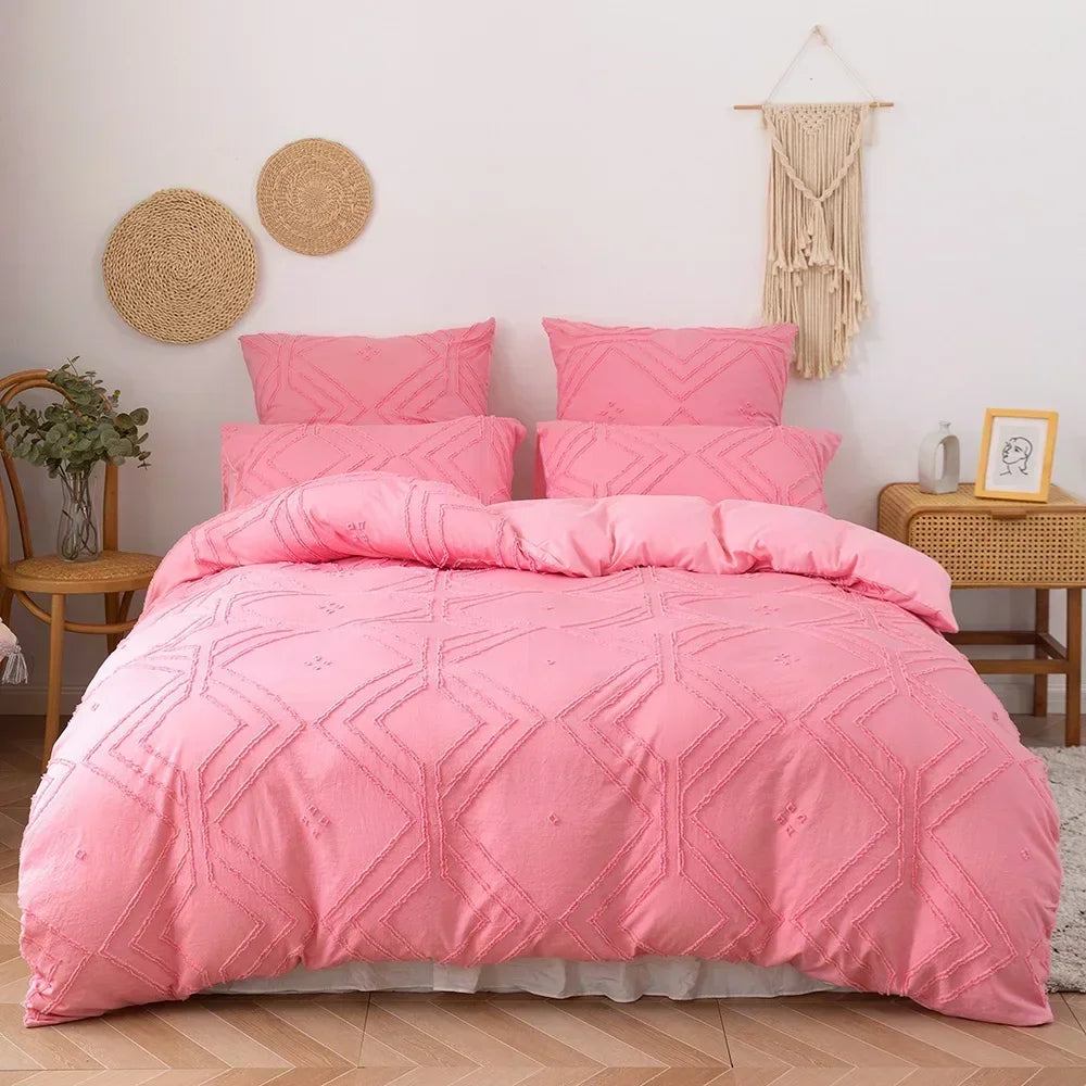 3PCS/set Khaki Tufted Duvet Cover Set Line Comforter Cover Geometric Bed Set Lightweight Down Bedding Set for All Season