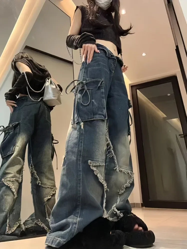 HOUZHOU Vintage Y2k Women Black Baggy Cargo Jeans with Star Gothic Harajuku 90s Aesthetic Denim Trousers Kpop 2000s Jean Pants