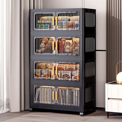 Foldable Clear Double-Door Storage Cabinet Large Space-Saving Mobile Organizer Dustproof Moisture-Proof for Kitchen Living Room