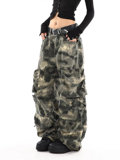 American Vintage Multi-pocket Camouflage Overalls Pants Women Y2K Streetwear Wide Leg Pants Popular Casual Straight Pants