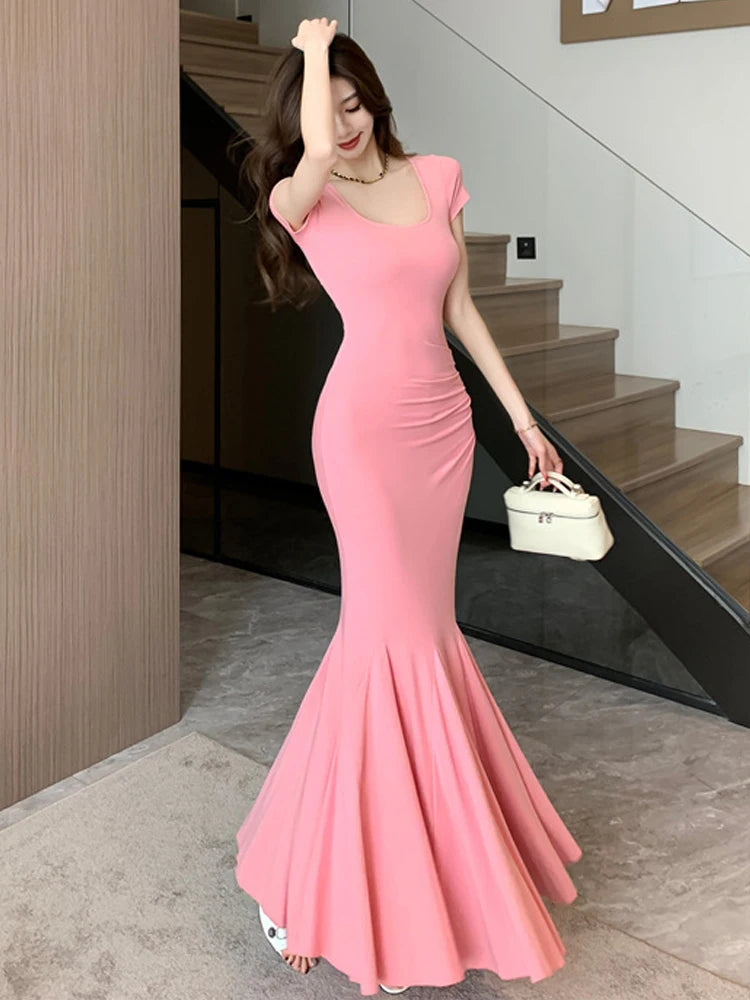 Summer Fashion Elegant Vacation Beach Mermaid Long Dress Women Clothes Sweet Short Sleeve Skinny Party Prom Vestidos Robe Femme
